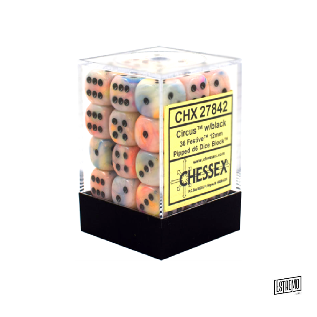 CHESSEX SIGNATURE 12MM D6 WITH PIPS DICE BLOCKS (36 DICE) - FESTIVE CIRCUS W/BLACK