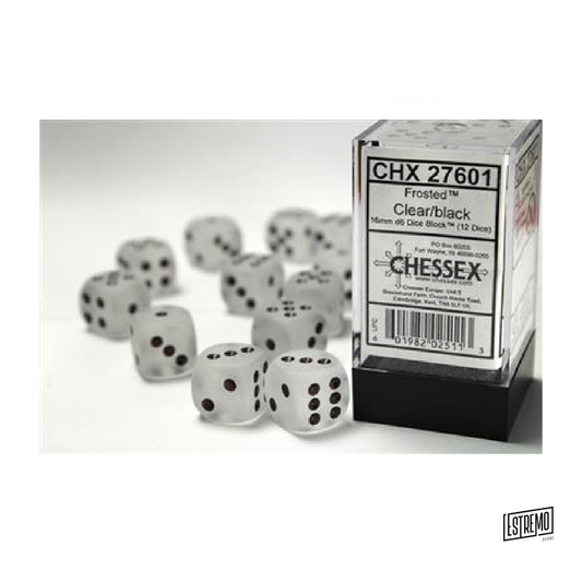 CHESSEX 16MM D6 WITH PIPS DICE BLOCKS (12 DICE) - FROSTED CLEAR W/BLACK