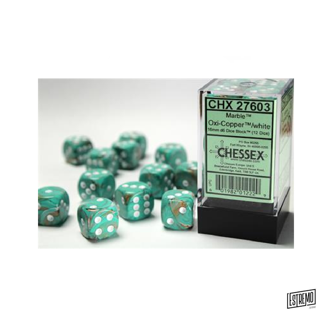CHESSEX 16MM D6 WITH PIPS DICE BLOCKS (12 DICE) - MARBLE OXI‑COPPER/WHITE
