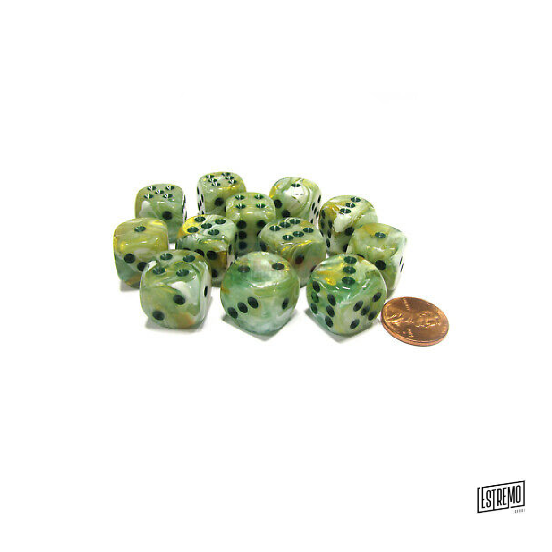 CHESSEX 16MM D6 WITH PIPS DICE BLOCKS (12 DICE) - MARBLE GREEN W/DARK GREEN