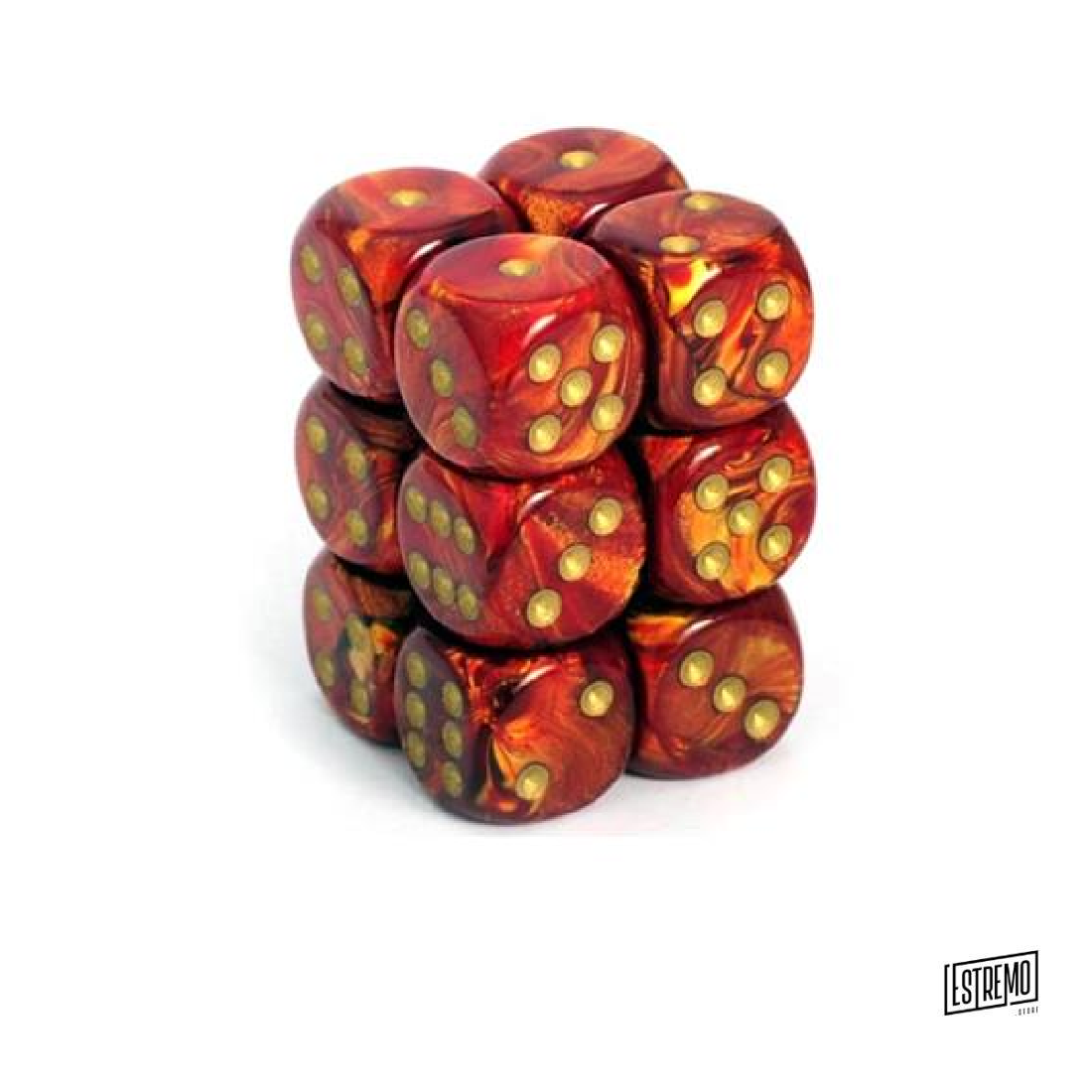 CHESSEX 16MM D6 WITH PIPS DICE BLOCKS (12 DICE) - SCARAB SCARLET W/GOLD