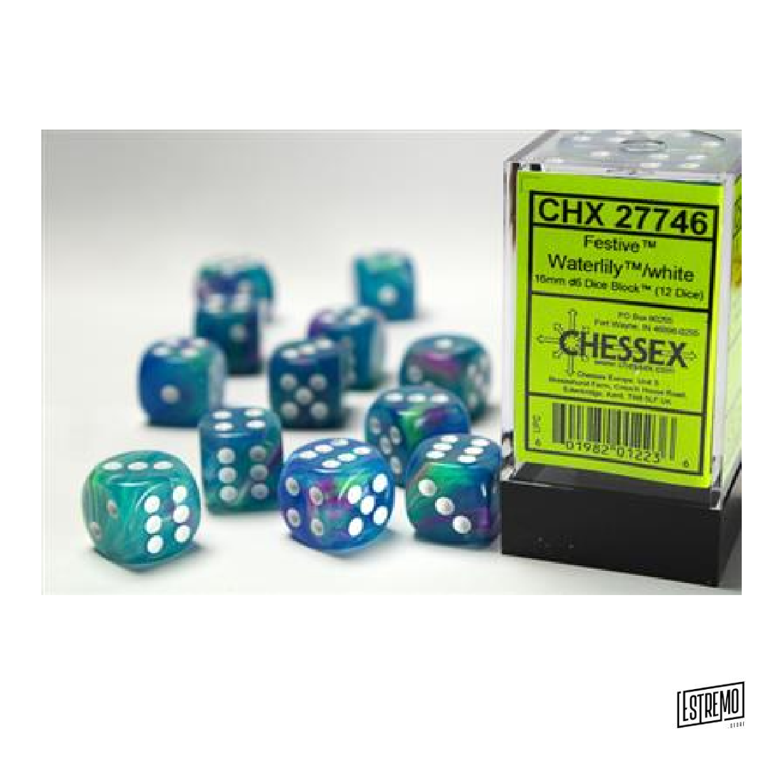 CHESSEX 16MM D6 WITH PIPS DICE BLOCKS (12 DICE) - FESTIVE WATERLILY/WHITE