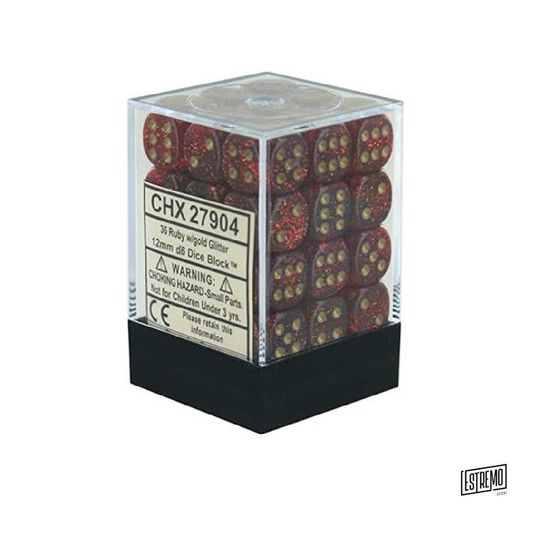 CHESSEX SIGNATURE 12MM D6 WITH PIPS DICE BLOCKS (36 DICE) - GLITTER POLYHEDRAL RUBY/GOLD