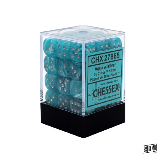 CHESSEX SIGNATURE 12MM D6 WITH PIPS DICE BLOCKS (36 DICE) - CIRRUS AQUA W/SILVER