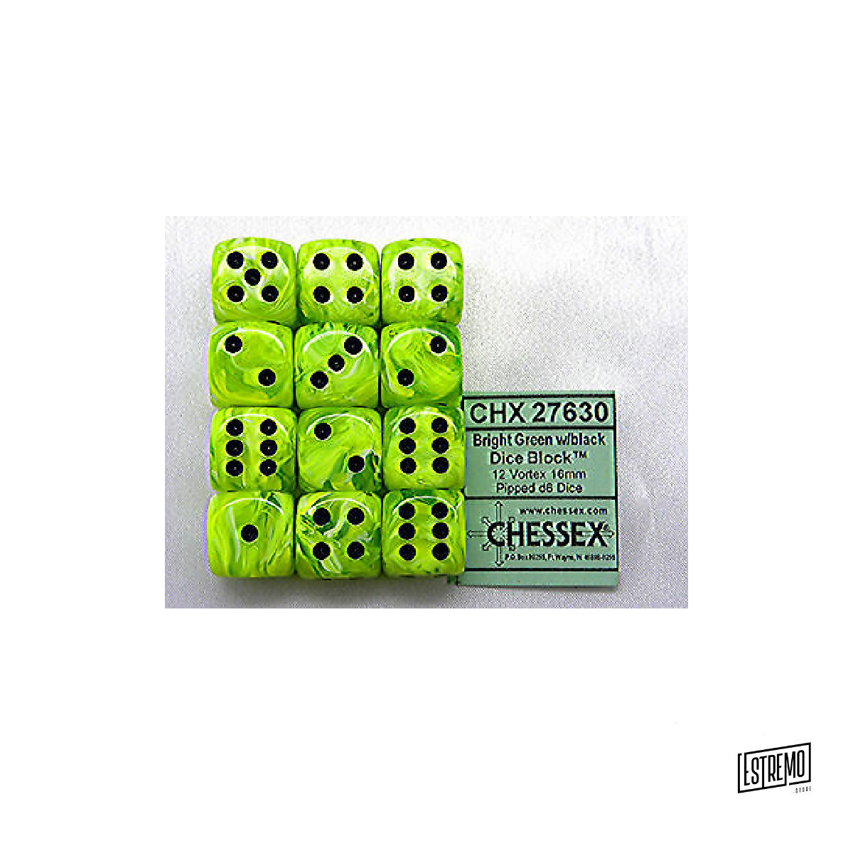 CHESSEX 16MM D6 WITH PIPS DICE BLOCKS (12 DICE) - VORTEX BRIGHT GREEN W/BLACK