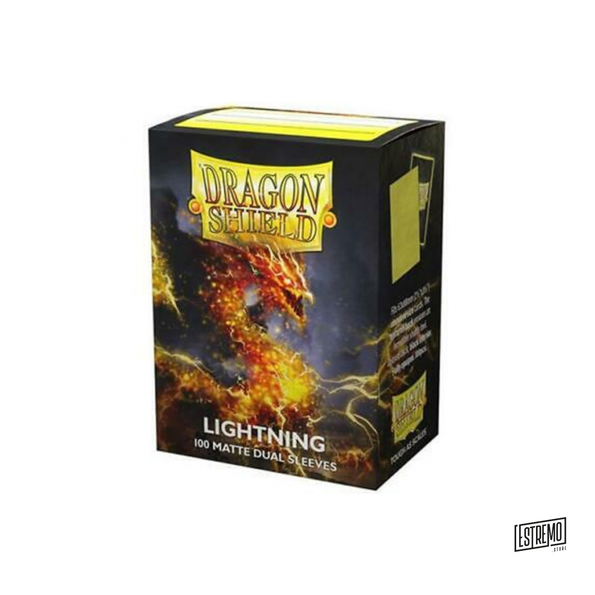 Dragon Shield Dual Matte sleeves. Clear front and a textured matte back. Fully opaque sleeves with a black interior, an elegant backdrop for black bordered cards.
The sturdy cardboard box fits 75+ single sleeved cards or 65+ double sleeved cards. Every box has a label on the top for personalization.