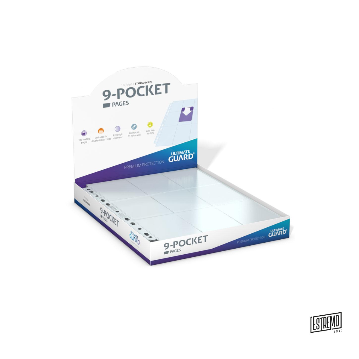 High-quality 9-pocket pages, that fit in almost any D-Ring-Binder, thanks to the double reinforced 11-hole strip. Each pack contains 100 pages for storing and carrying at least 900 double-sleeved cards (9 per page).

